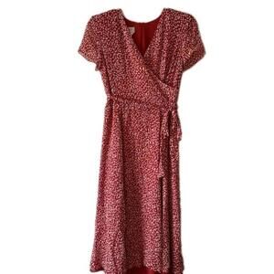 VNT Talbots Faux Wrap Dress Womens SZ  14 Silk Tie Waist Layered Hem Red White